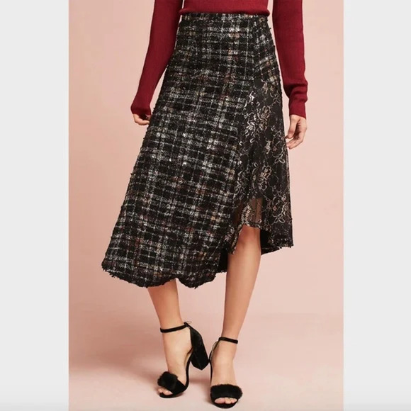 Eva Franco Asymmetrical Lace Metallic Tweed Skirt Black 0 XXS Fairycore Party - Picture 3 of 11